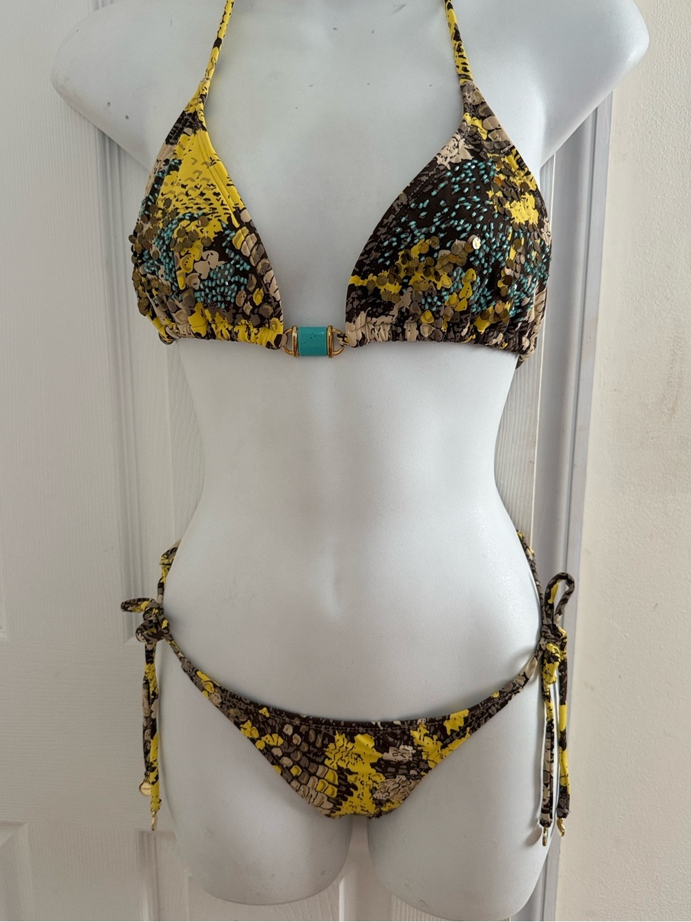 OndadeMar Yellow Floral & Brown Pattern Triangle Bikini